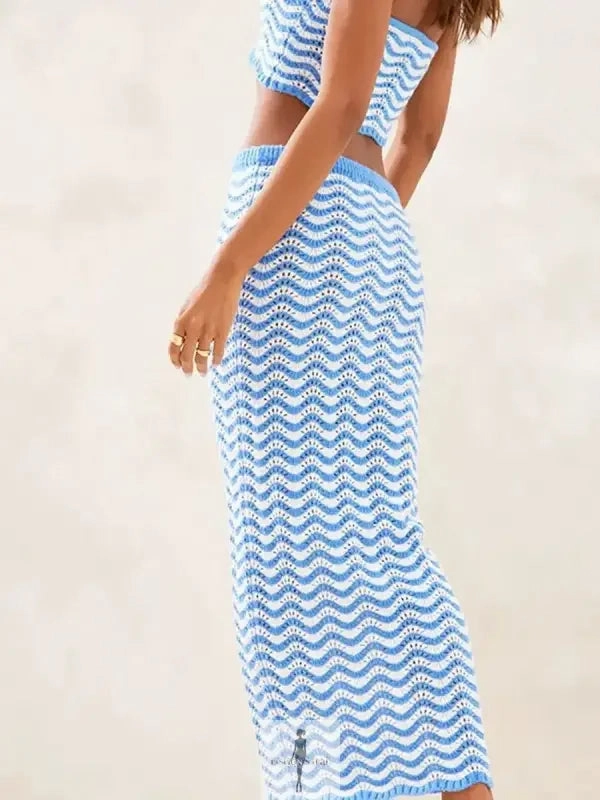 Satin-Sleeve Chilly Comfort Wear Strapless Knit Crop Tube Tops Long Skirt Set