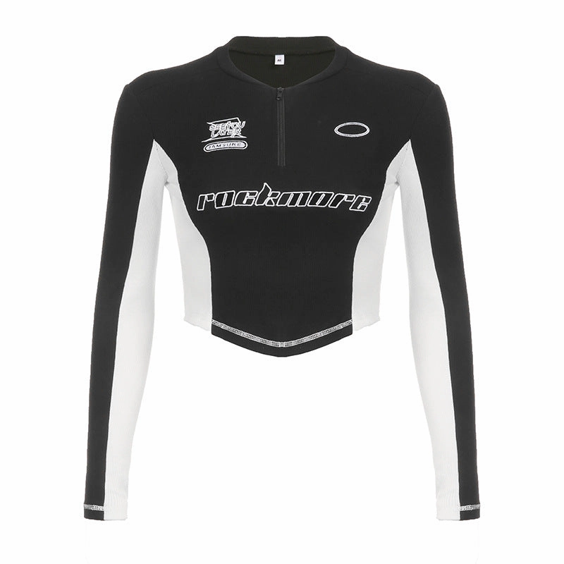 Street Cool Handsome Color Contrast Patchwork Letter Embroidered Long Sleeve Lightweight texture