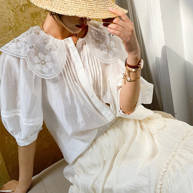 Shirt Women's Doll Collar Tencel Blouse Temperament Neutral Tones