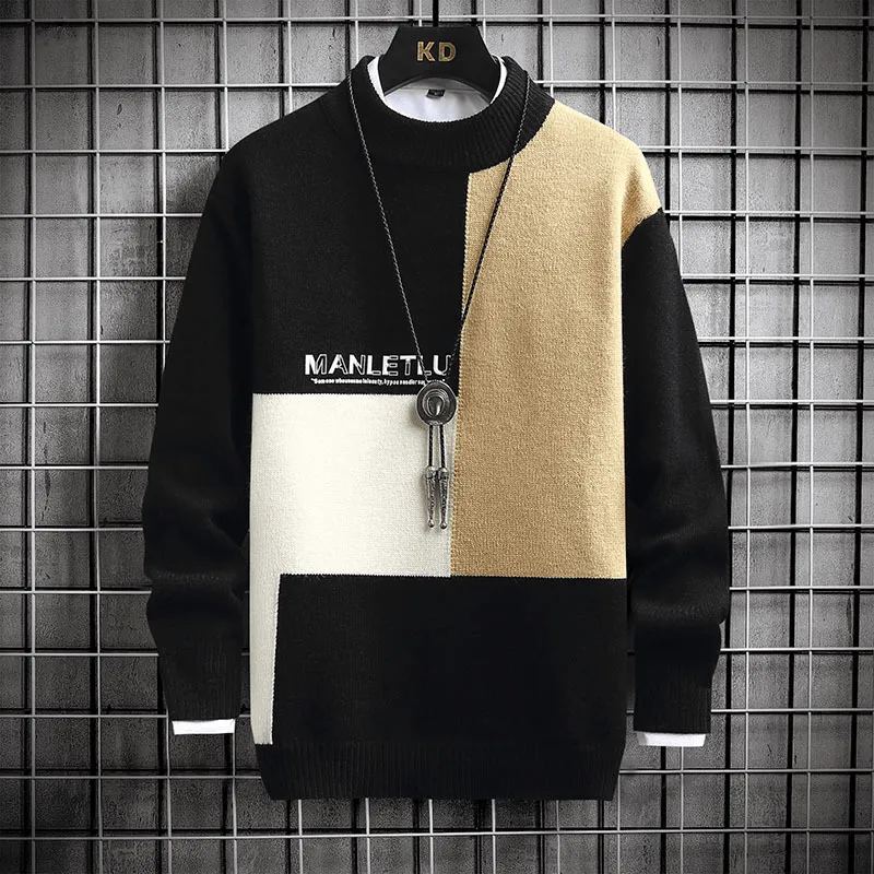 Casual Layers Breathable Knitwear Trendy Men'S Simple Stitching round Neck Long-Sleeved