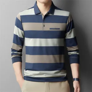 Fashion Colorblock Striped Long Sleeve Lapel T-shirt High Thread Count Cotton