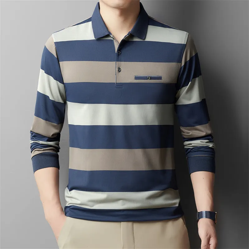 Fashion Colorblock Striped Long Sleeve Lapel T-shirt High Thread Count Cotton
