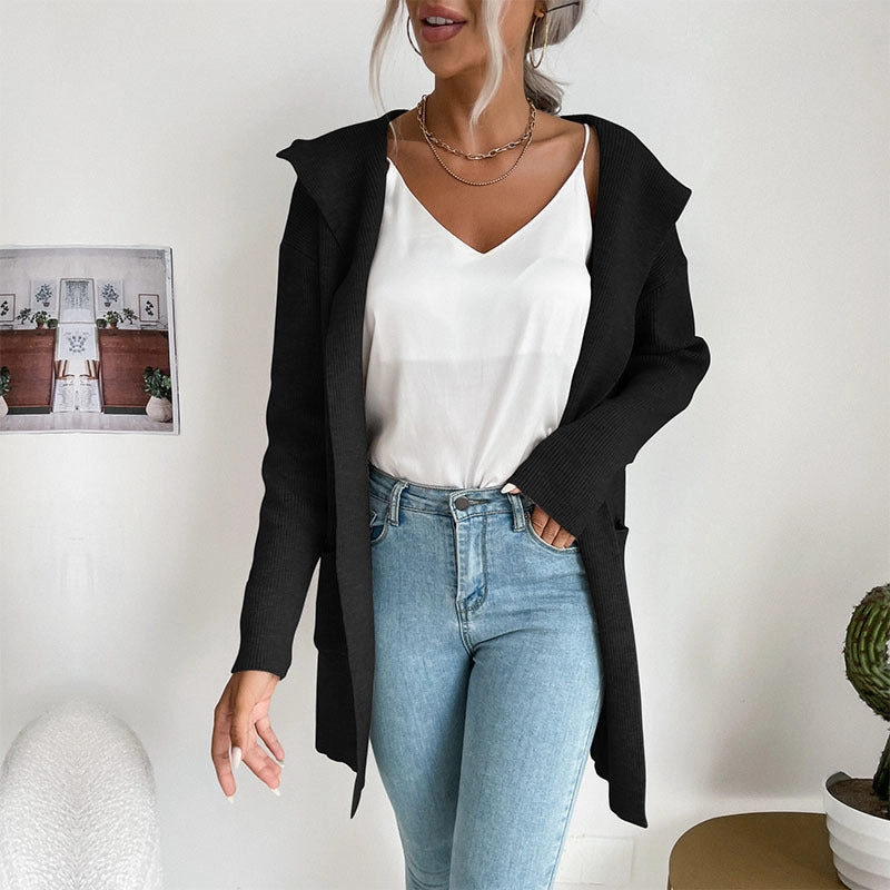 European And American Sunken Stripe Knitted Hoodie Casual Sweater Coat For Women Breathable Textured Fabric Warm And Comfortable