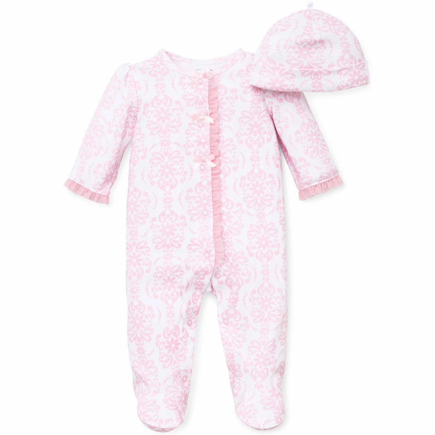 Metallic Fiber Blend High Thread Count Cotton Baby Girl Sleeper and Hat Pink Scroll LBQ03515N