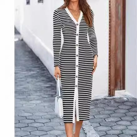 Comfortable and breathable Cozy Layers Striped Women's Long Sleeve Mid-length Dress Decoration