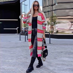 Sleek Layers Comfort Layer Striped Color Block Long Sleeve Knitted Sweater Baggy Coat