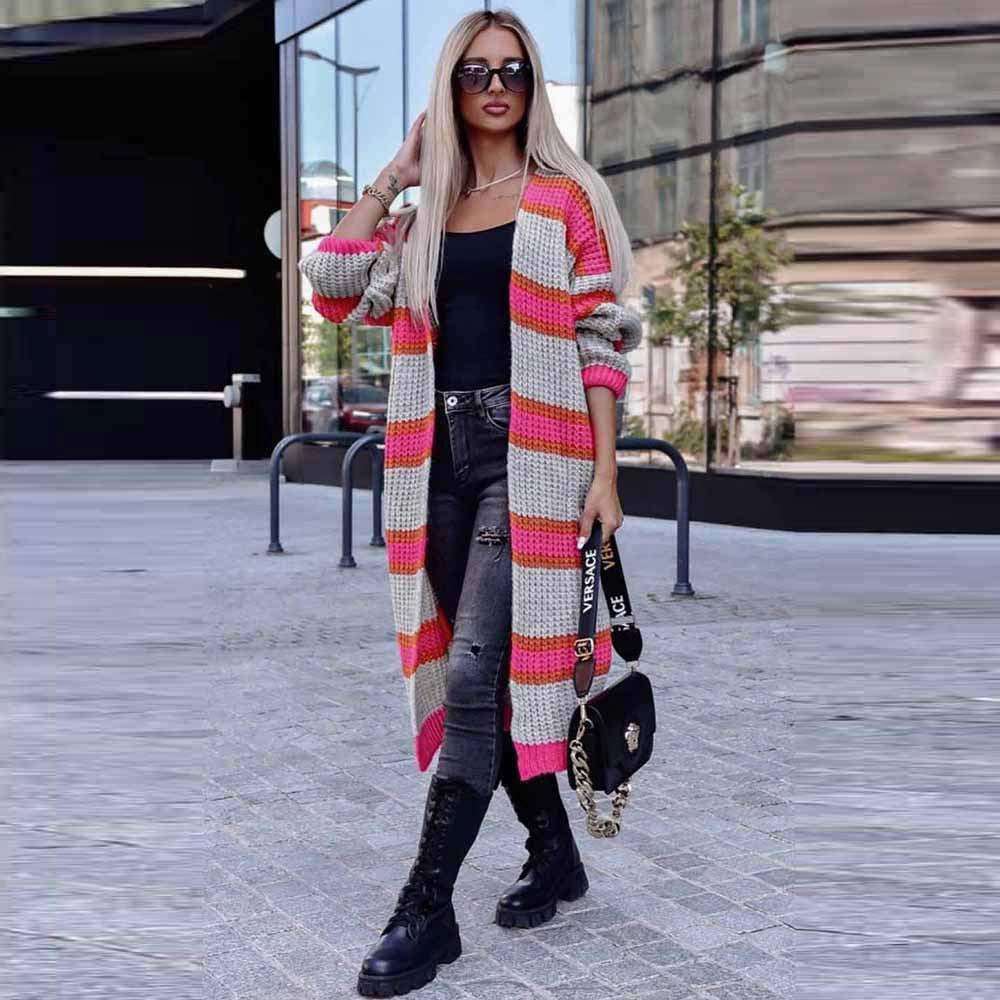 Striped Color Block Long Sleeve Knitted Sweater Baggy Coat Quick Wear