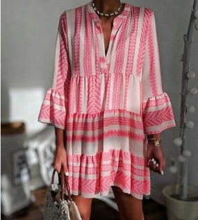 Wide Swing Striped print V-neck three-quarter sleeve dress