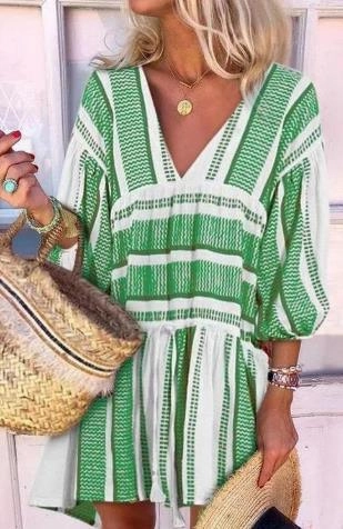 Striped print V-neck three-quarter sleeve dress Cocktail-Party