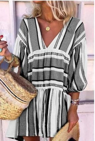 Striped print V-neck three-quarter sleeve dress Classic and Modern