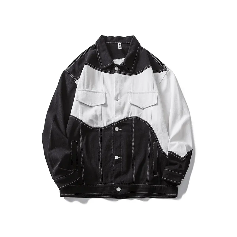 Casual Black and White Stitching Denim Jacket RibbedKnitCollar