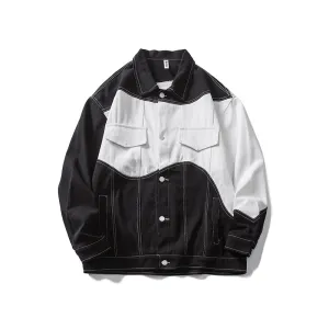 Casual Black and White Stitching Denim Jacket Fur Trim Thermal Insulated