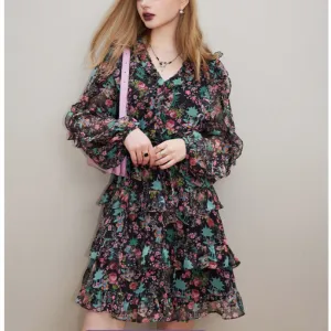 Layer Light Crisp Silhouette V-neck Long Sleeve Floral Dress Women's Slimming Small