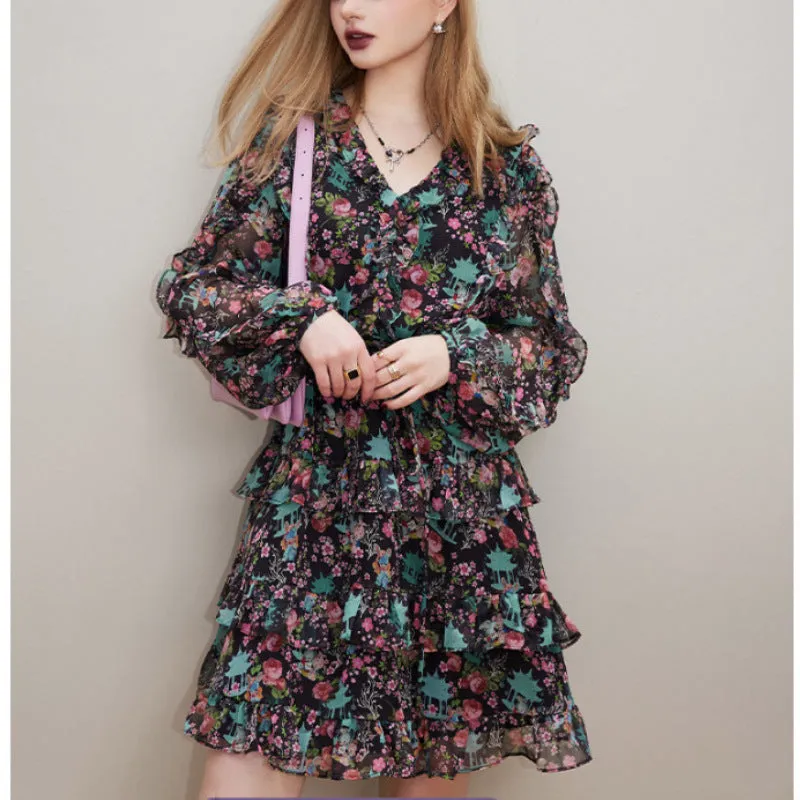 Layer Light Crisp Silhouette V-neck Long Sleeve Floral Dress Women's Slimming Small