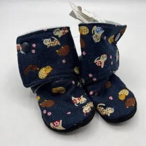 Size 9-12m: Beaneroobaby Dark Blue Cats Print Soft Leather Sole Booties-NEW support - level
