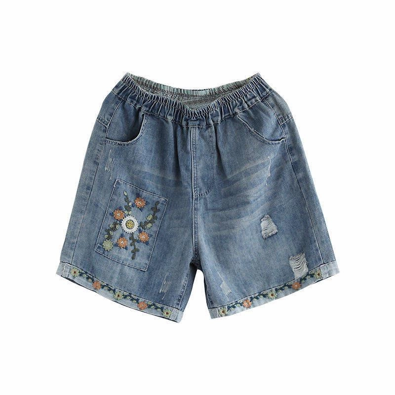 Summer Floral Embroidery High Waist Wide Leg Denim Shorts Airy Feel Sport Fit