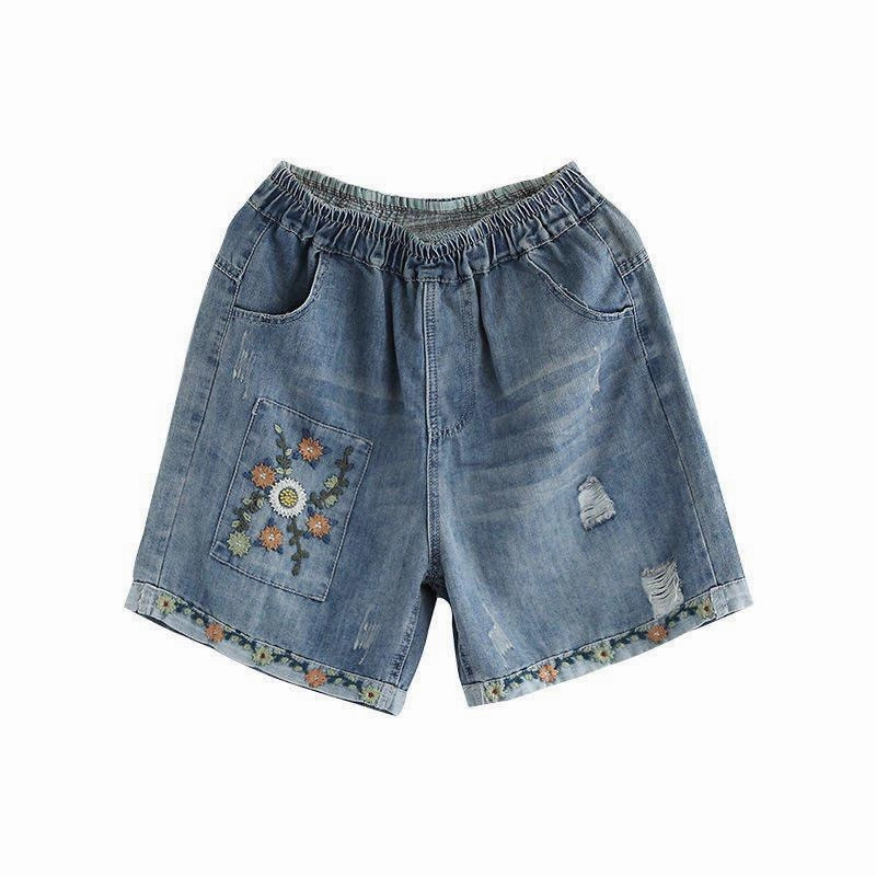 Summer Floral Embroidery High Waist Wide Leg Denim Shorts Tactile Feedback Loops