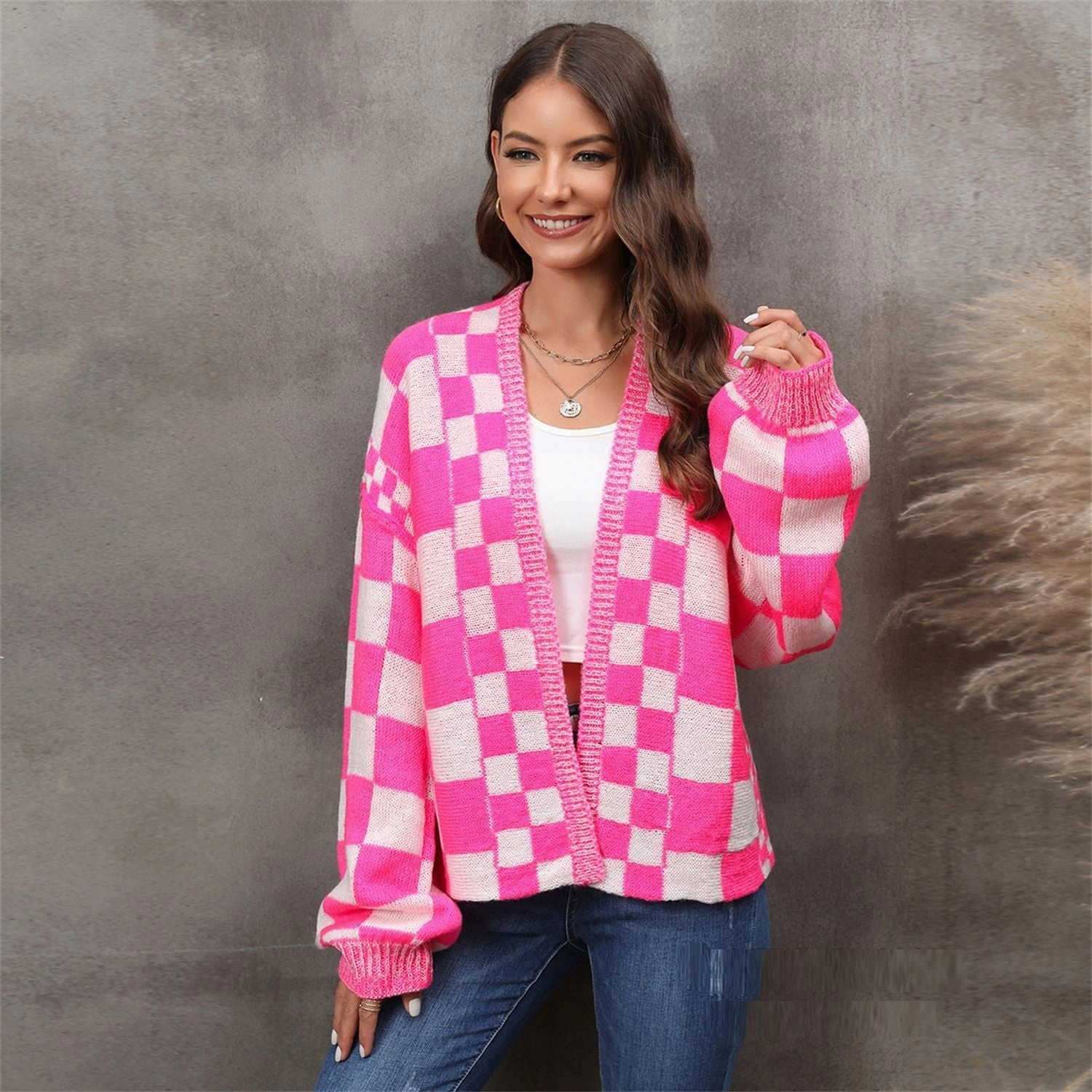 Breathable Look Fashion Plaid Cardigan Plus Size Coat Knitted Coat