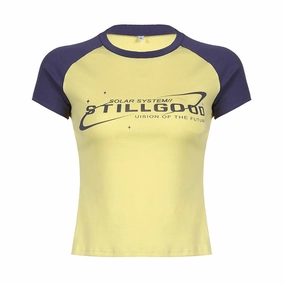 Contrasting Letter Print Raglan Short Sleeve Ladies Top Timeless Minimal goes with high heels