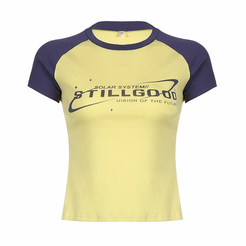 Contrasting Letter Print Raglan Short Sleeve Ladies Top Timeless Minimal goes with high heels