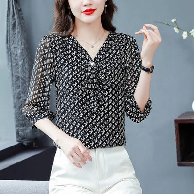 Women's Chiffon Chiffon Fashion Western V-neck Top Small Shirt Travel Friendly Sustainable Dye Process