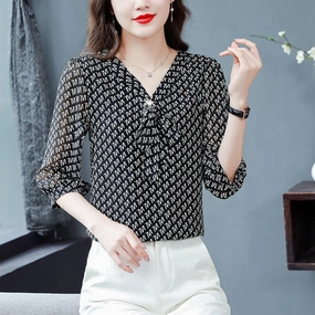 Designer Look No Slip Shoulder Grip Women's Chiffon Chiffon Fashion Western V-neck Top Small Shirt