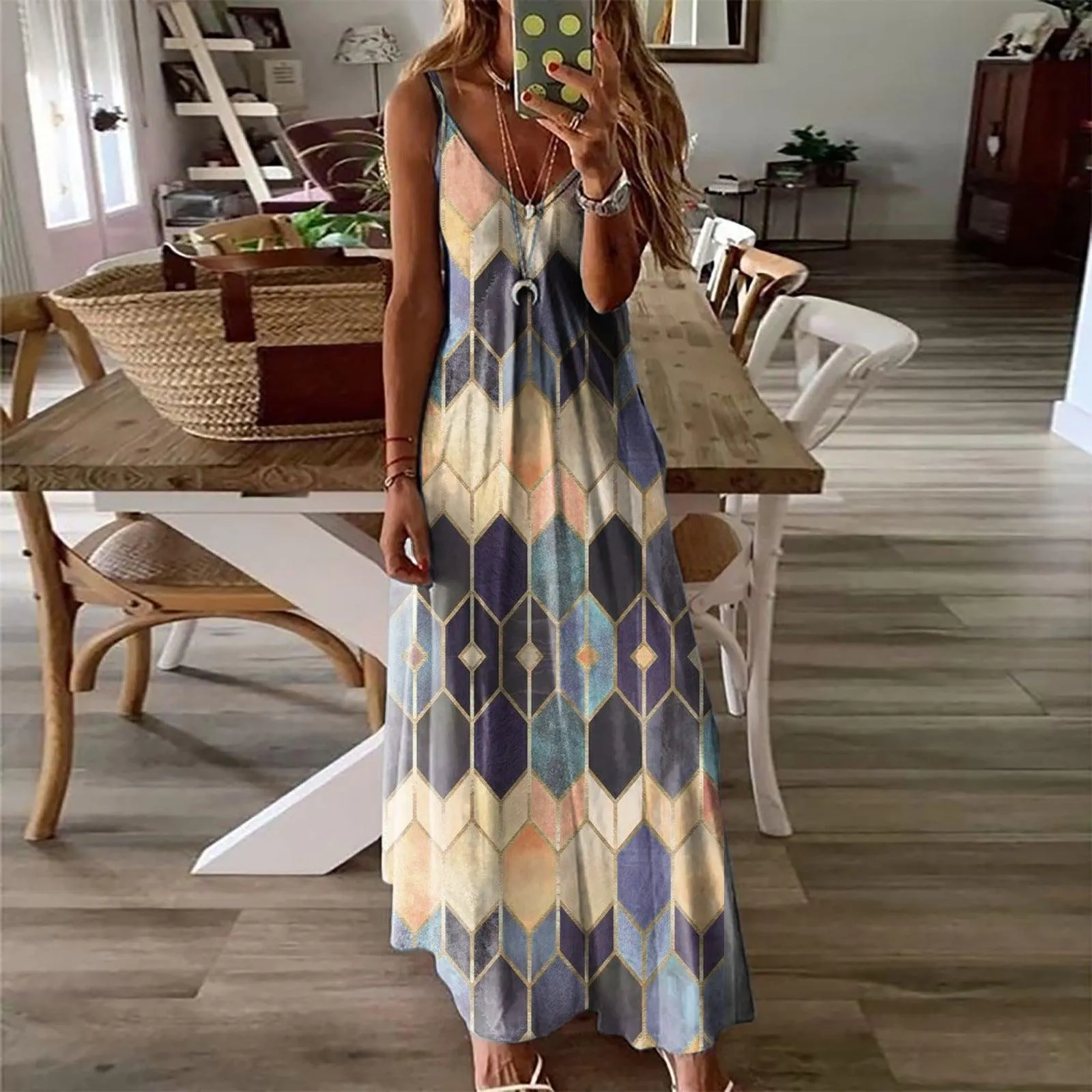 Subtle Look Simple Comfort Summer Casual Printed Camisole Long Dress