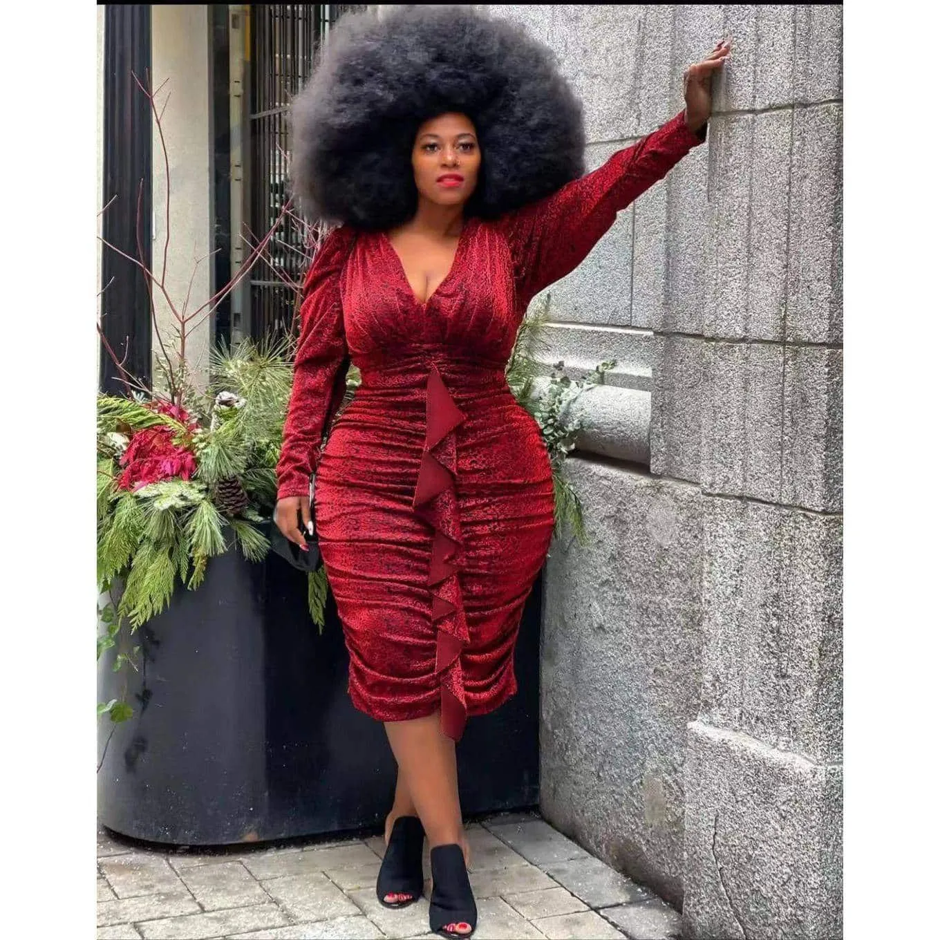 Plus Size Ruffled Dress Shiny Zip