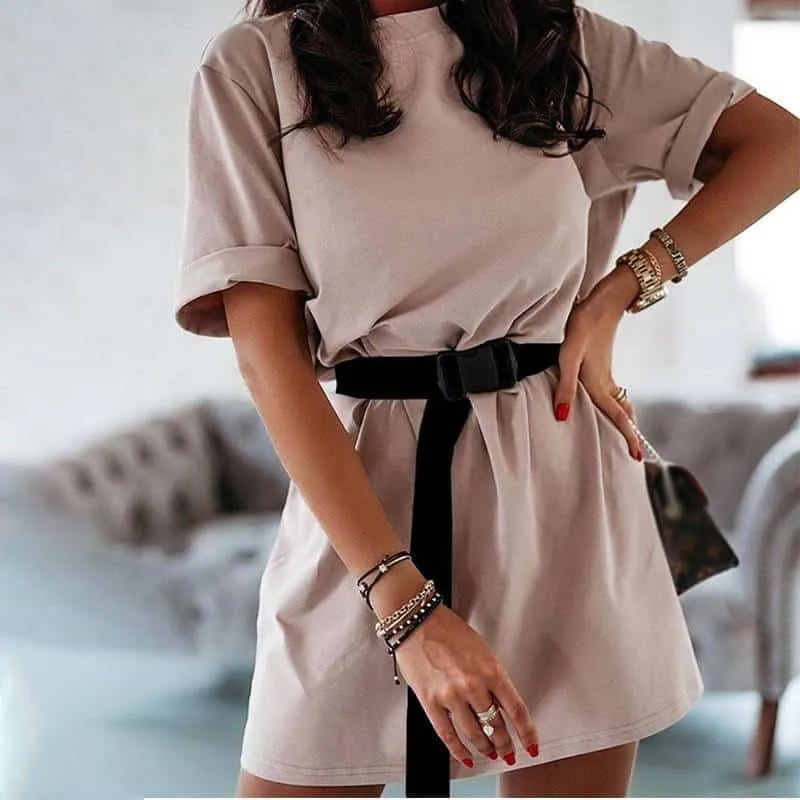 Summer Women's Shirt Style Mini Dress with Black Belt Chic Waist Design