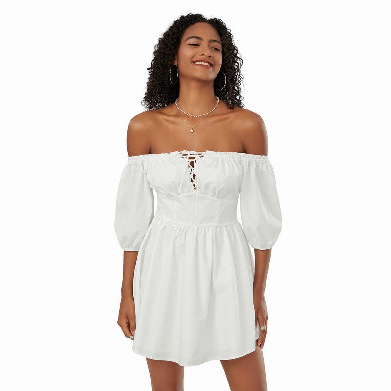 Soft Fit Wear Summer Chic Off-Shoulder Mini A-Line Dress with Puff Sleeves