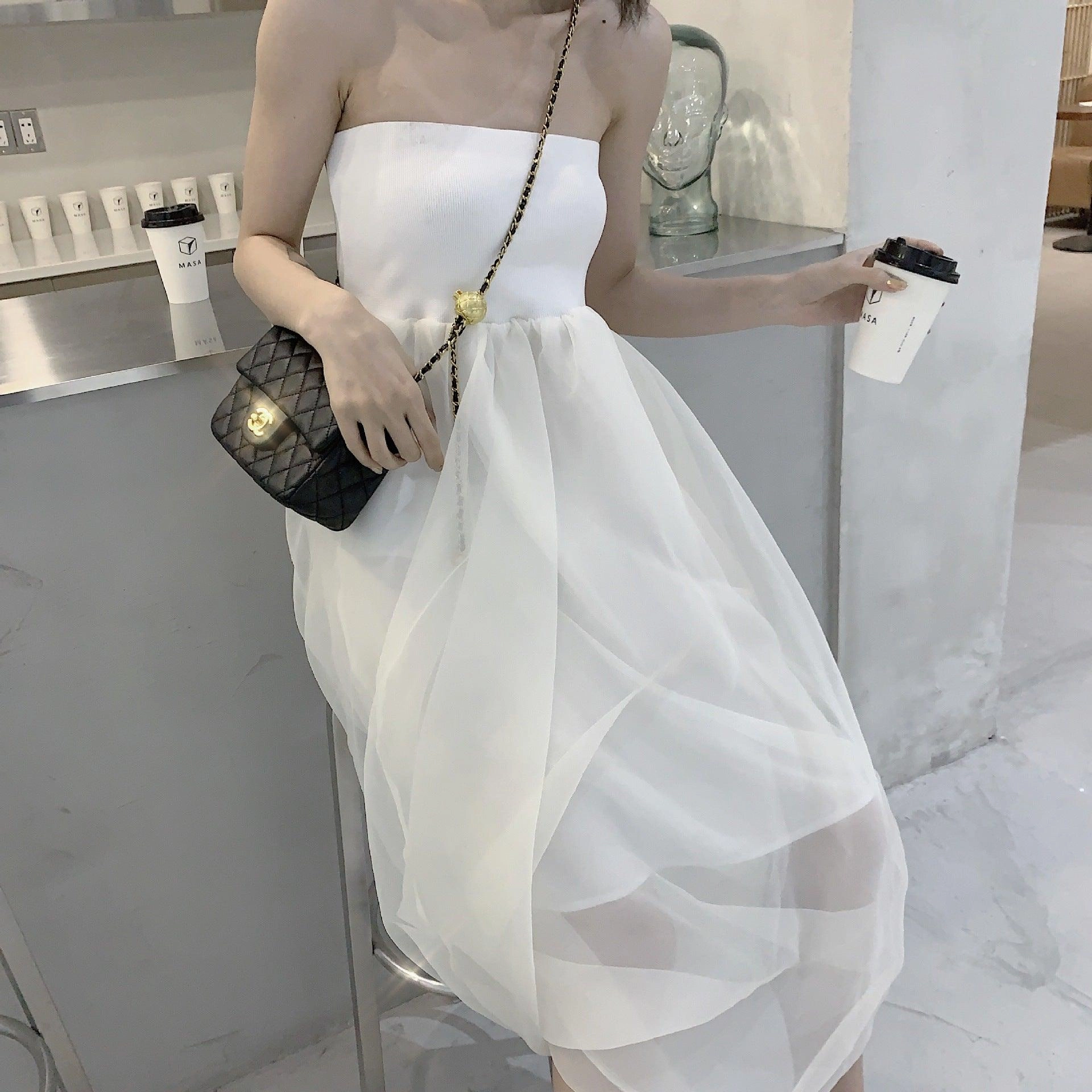 Two-tone tube top dress mesh skirt Natural Silhouette
