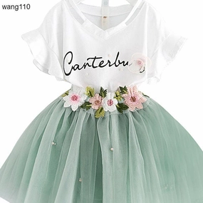 FlexibleKnit ZeroWasteProduction Summer Kids Girls Clothing Sets 2 pcs T-shirt Hole Pants Set