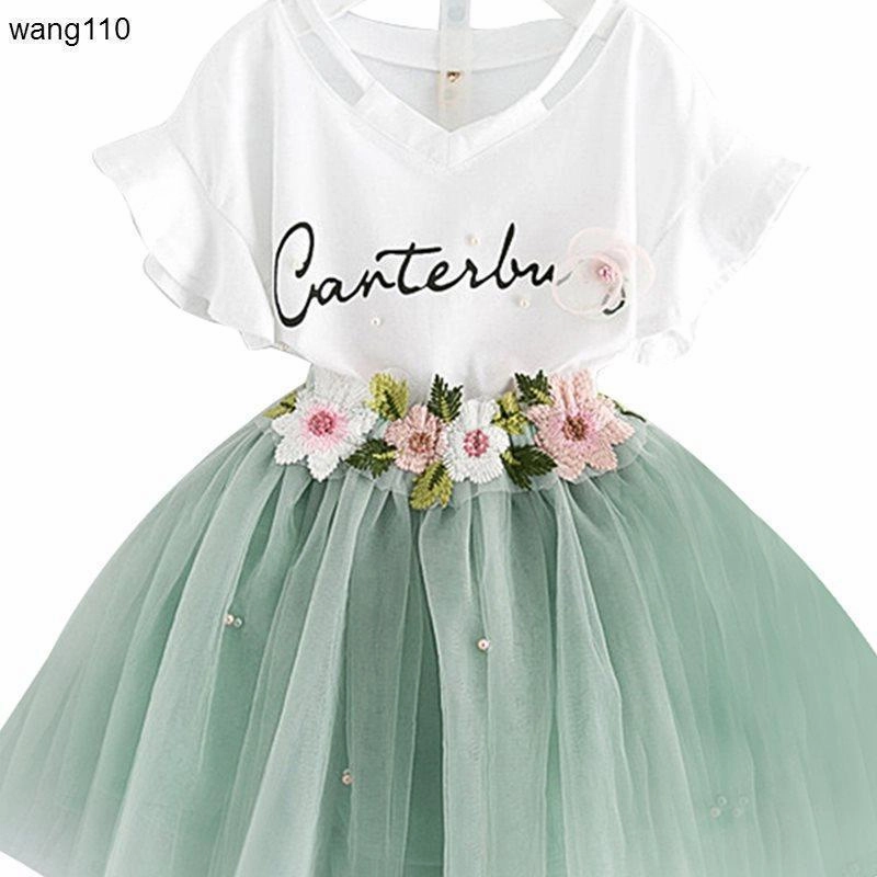 TumbleDryFriendlyMaterial Summer Kids Girls Clothing Sets 2 pcs T-shirt Hole Pants Set