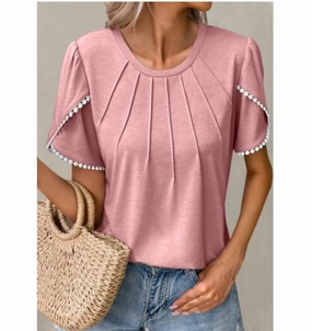 Trendsetting Summer Round Neck Tassel Tulip Sleeve T-shirt Casual Top For Women