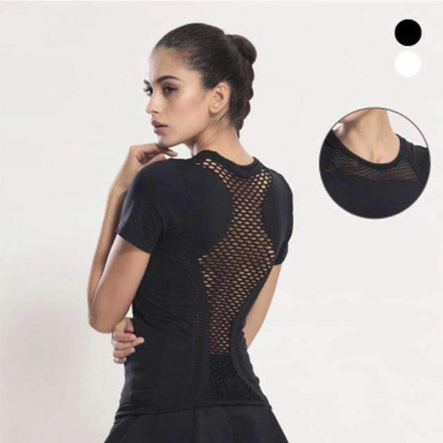Summer Style Fitness Women Sports T-shirt Running Short Sleeve Quick Dry Breathable Gym Sexy Hollow Nylon Sportswear Tops Gusseted Crotch Construction AdvancedMoistureManagement