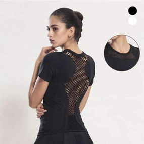 Anti-microbial OdorNeutralizingFibers Summer Style Fitness Women Sports T-shirt Running Short Sleeve Quick Dry Breathable Gym Sexy Hollow Nylon Sportswear Tops