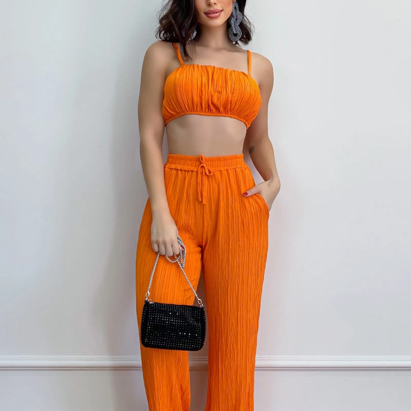 Summer Suit Solid Color Sleeveless Suspender Pleated Fabric Trousers Two-piece Set Lightweight Clean Sport Unisex