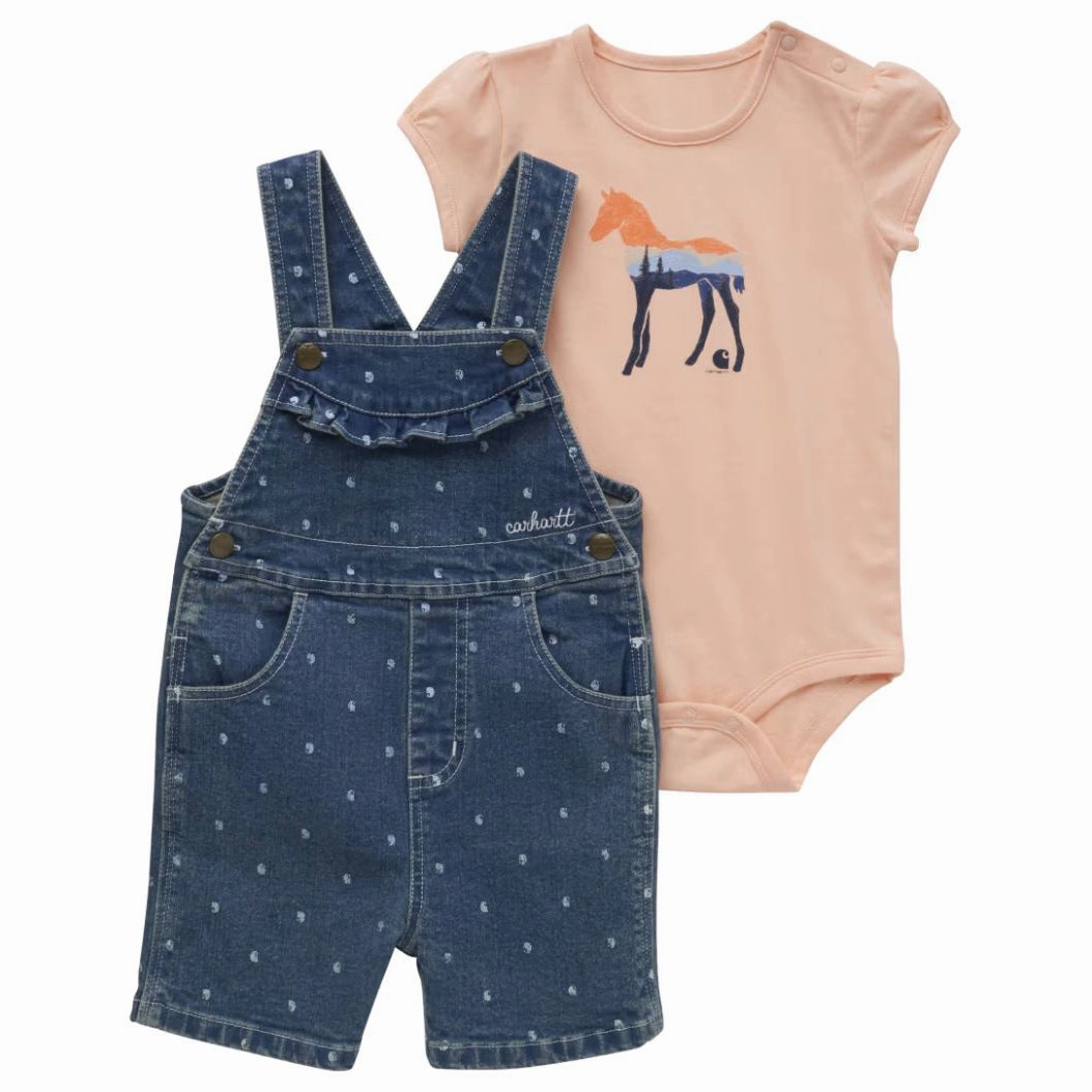 Baby Girls' 2-Piece Short-Sleeve Horse Bodysuit & Denim Shortall Set CG9882 Casual Wear