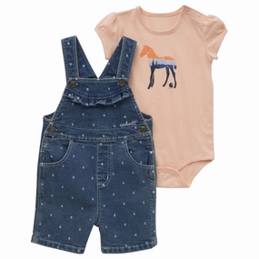 Baby Girls' 2-Piece Short-Sleeve Horse Bodysuit & Denim Shortall Set CG9882 Casual Wear