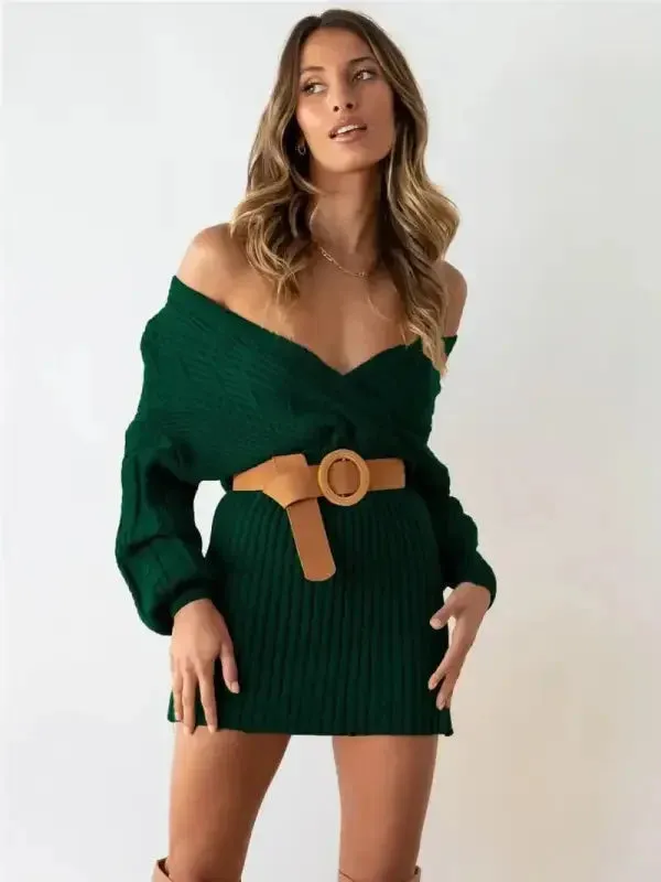 Opaque Core Lightweight Jacket Sweater Off Shoulder V Neck Dress