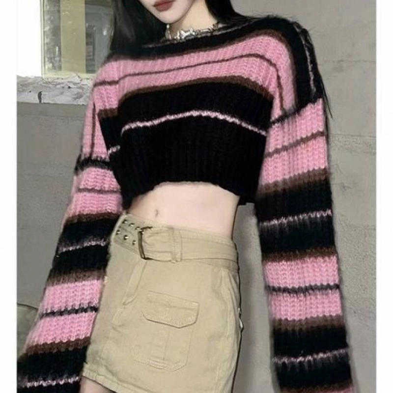 Sweet Cool Style Contrast Color Striped Sweater Short Trendy Outfit Stretch Knit Technology