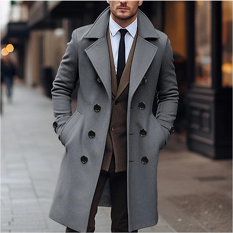 MachineWashFriendly EcoCertifiedMaterial Fall Winter Men Woolen Coat Double Breasted Long
