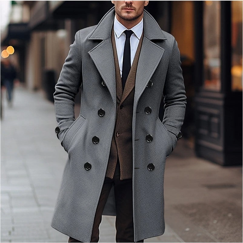 BreathableKnit LightweightLayering Fall Winter Men Woolen Coat Double Breasted Long