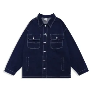 Pure Color Top Line Design Men'S High Street Fashion Brand Loose Lapel Shirt Jacket Durable Outer Shell Recycled Textile