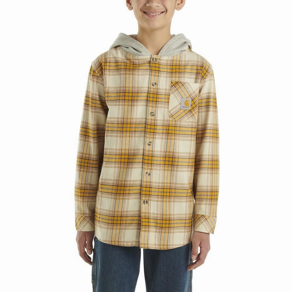 QuickDry Ribbed collar Youth Boys' Flannel Button-Front Hooded Shirt CA8195