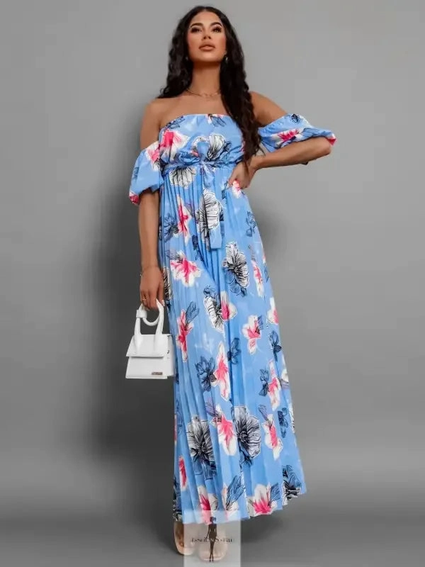 Pleated Floral Off-Shoulder Short Sleeve Midi Dress Summer Relaxation Elastic-Waist