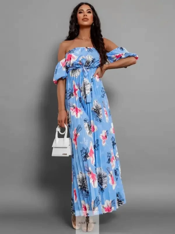 Pleated Floral Off-Shoulder Short Sleeve Midi Dress Taped Neckline