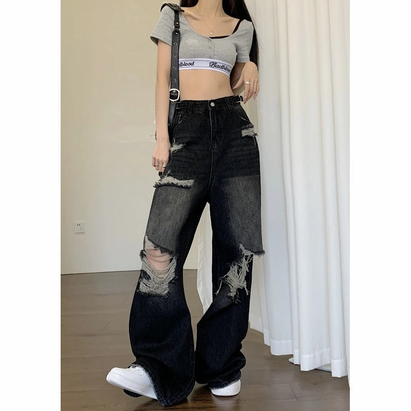 Women's American-style High Street Black Ripped Jeans Athlete Fit Modern Autumn Days