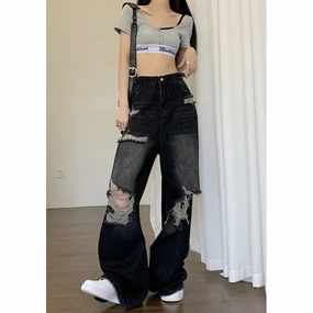 Street Fashion Affordable Universal Style Women's American-style High Street Black Ripped Jeans