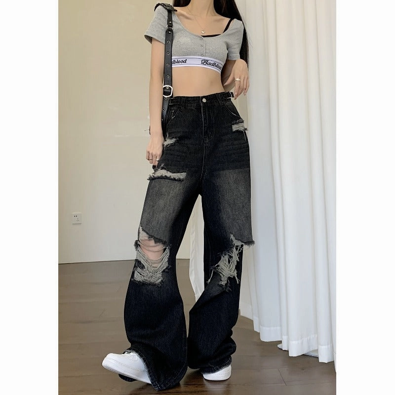 Women's American-style High Street Black Ripped Jeans Holiday Vibes Stretch Sunny Vibes Vibrant Relaxed Style